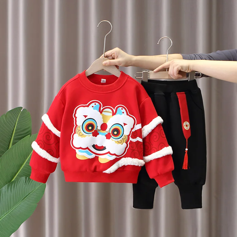 

Baby New Year greeting outfit, thickened winter version for boys, red infant dress, first birthday children's New Year suit