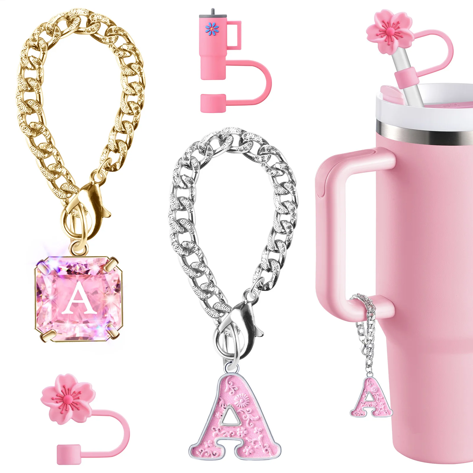 Stanley Cup Accessories Straw Cap - Stanley Cup Unique Crystal Letter Pendant, Cute Flowers and Cup Silicone Straw Cover