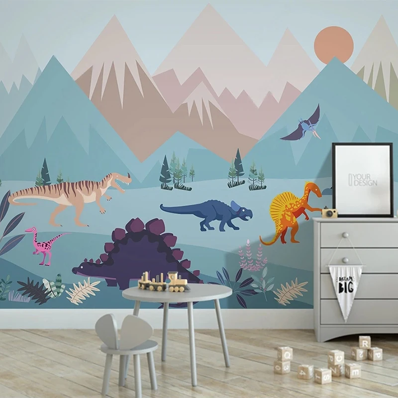 

Custom 3D Wall Mural Dinosaur Cartoon Animal Mountain Scenery Children's Room Background Wall Mural Papel De Parede