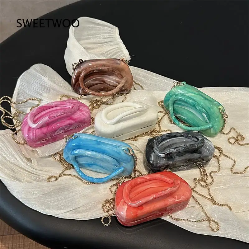 Bolso de Mano Tipo Clutch de Acrílico con Diseño de Mármol Multicolor, Cadena y Correa para el Hombro, Ideal para Fiestas, Bodas y Eventos Nocturnos