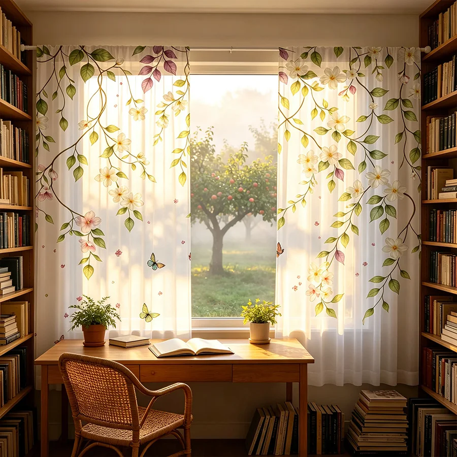 2PCS Floral Vine Butterfly Sheer Curtains