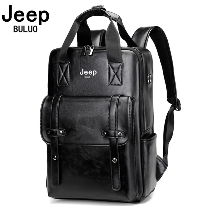 JEEP BULUO Waterproof 14 Inch Laptop Outdoor Sports Backpack Casual Men Travel Women Split Leather Male Vintage School Bag