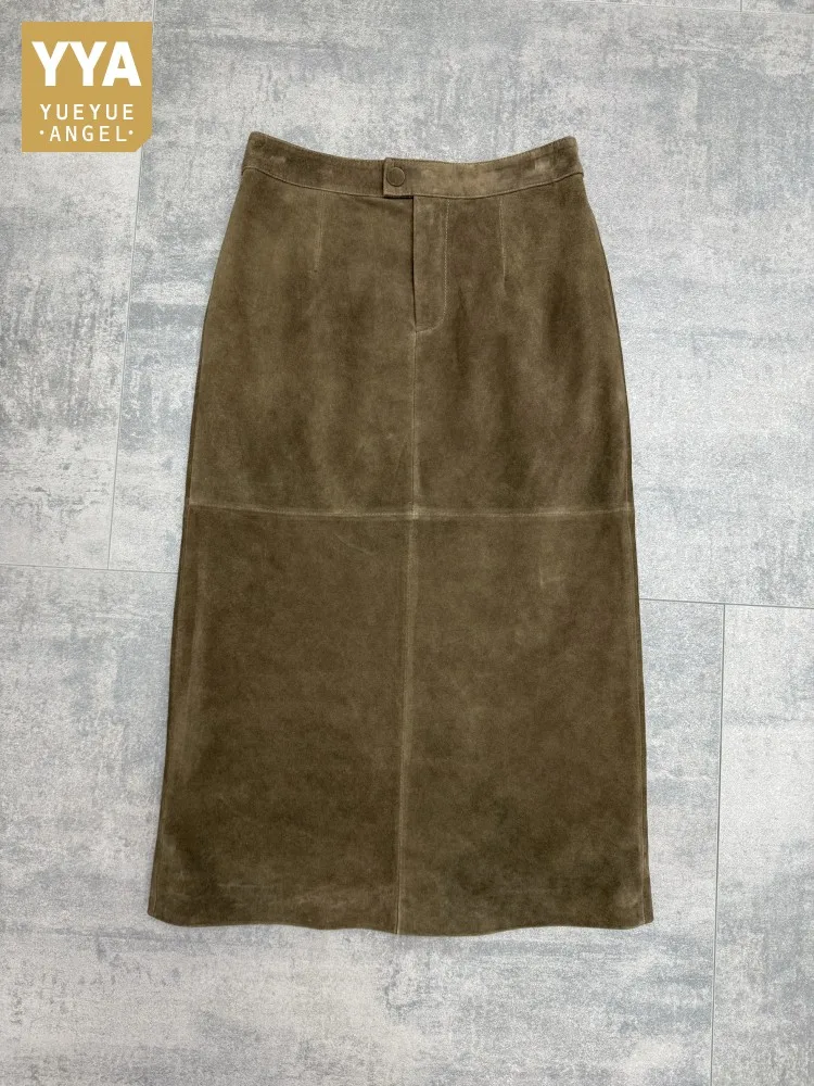 Elegant Office Ladies Genuine Leather Skirt High Waist Medium Long Women Vintage Suede Sheepskin Slim Fit A Line Split Skirts
