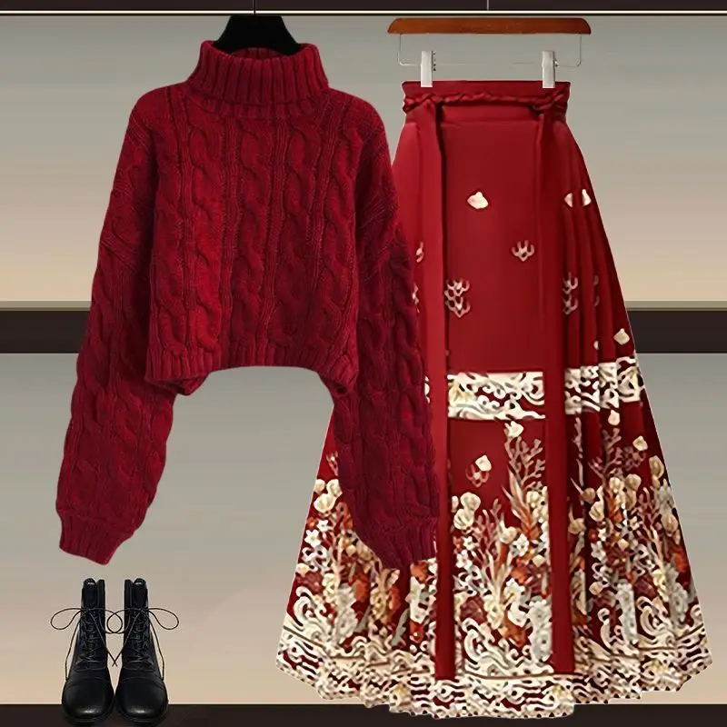 

Красный комплект из свитера с высоким воротником и юбки для женщин: зимний новогодний модный костюм-двойка класса люкс, с длинными рукавами, из полиэстера