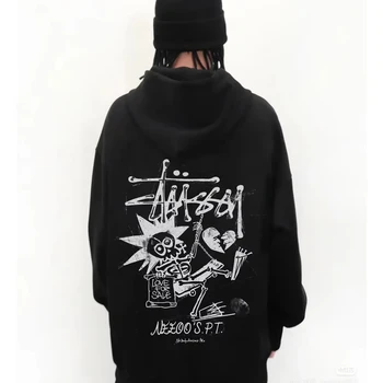 남녀공용 Stussy 코튼 프린트 패턴 후드티, 캐주얼 레트로 Y2K 공식 후드티, 재킷 상의, 가을 및 겨울 패션, 신상