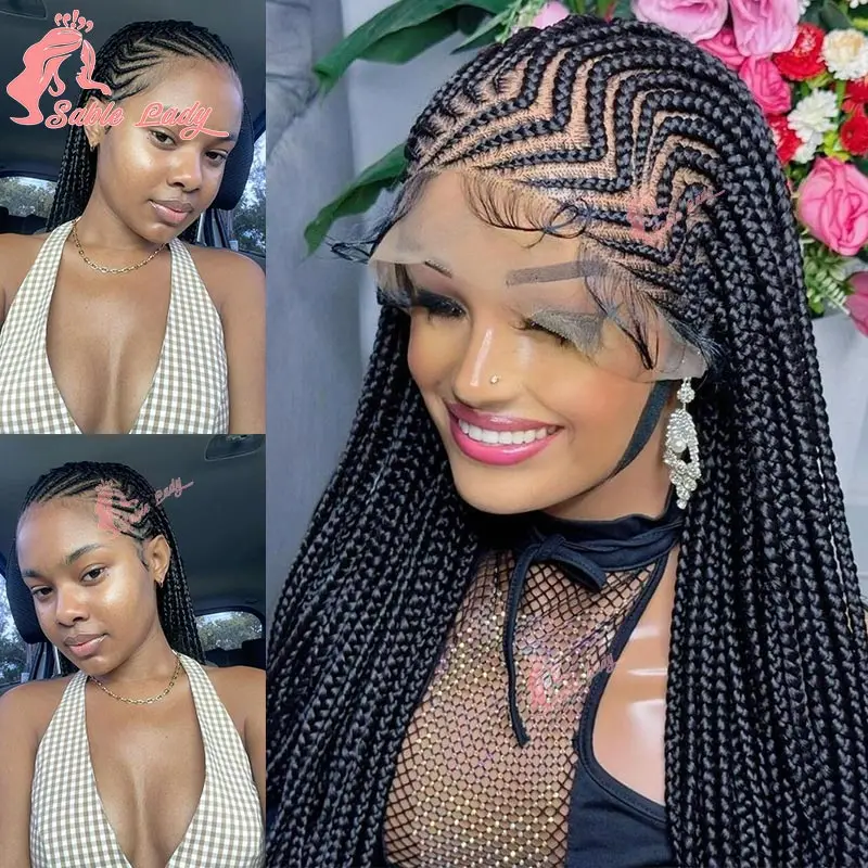 Full Lace Cornrow Braid Wig Synthetic Afro Braided Wigs Knotless Box Braids Wig for Black Women 36 Inches Handmade Braiding Wig