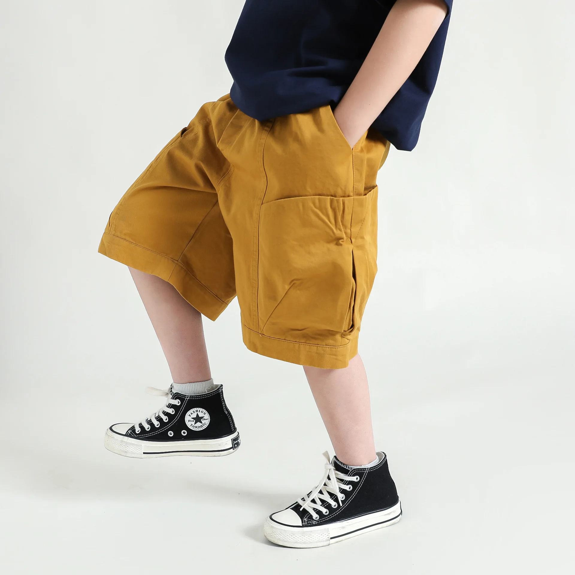 JUCPKID Korean Summer School Boy Shorts Teenager Boy Elastic Waist Lapel Pocket Straight Shorts Junior Boy Casual Short Pants