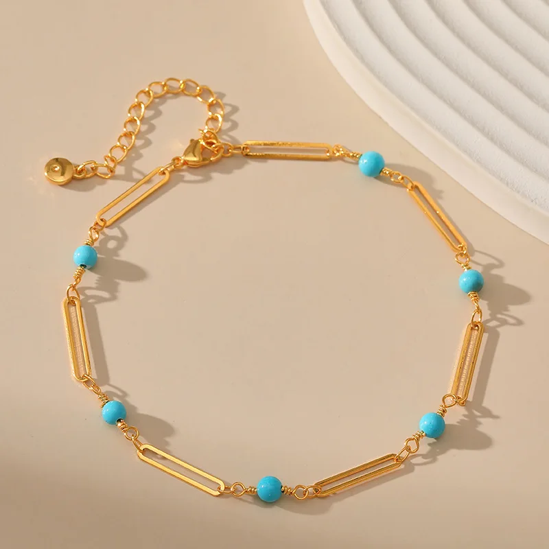 Bohemian Turquoise Beads 18k Gold Plated Paper Clip Chain Anklet for Women Color Zircon Summer Beach Jewelry Gifts Free Shipping