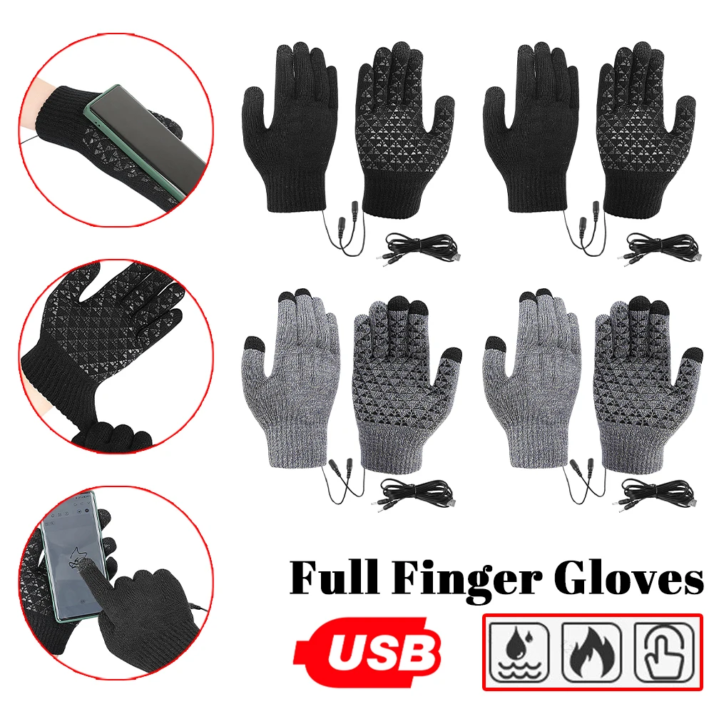 

USB Heated Knitted Gloves Touch Screen Gloves Non-Slip Thermal Knitting Mitts Thicken Winter Cycling Gloves for Outdoor Sports