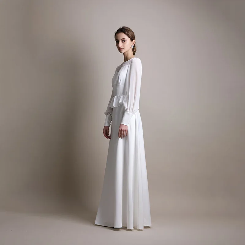 Korean-Style Light Wedding Dress Minimalist Long Sleeve round Neck Clinch Flat Waist Bride White Dinner Suit