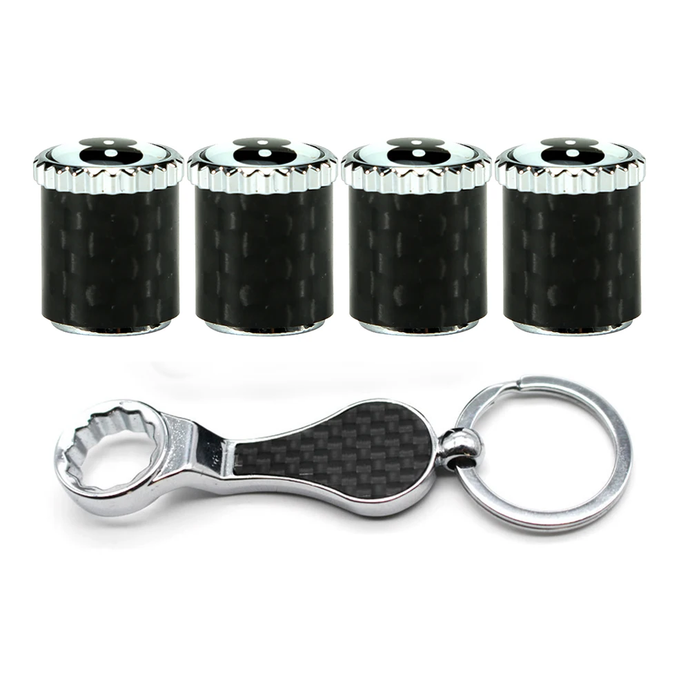 5Pcs/Set Black 8 Pattern Style Auto Wheel Tire Stem Air Valve Caps with Wrench Keychain Carbon Fiber, Dust Cover Accessories