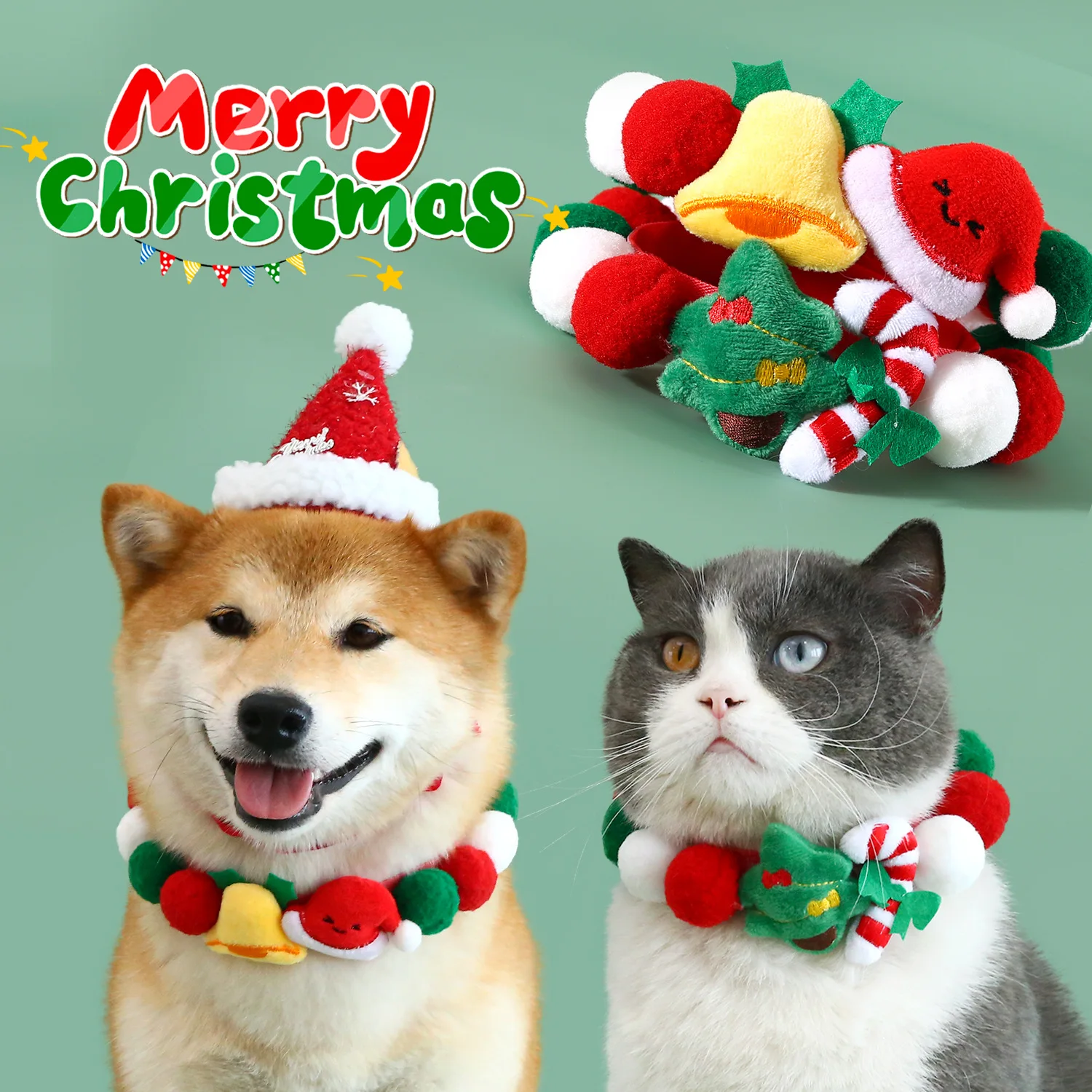 

Pet ball collar plush fabric bell Christmas tree hat colorful cat and dog scarf decoration chain