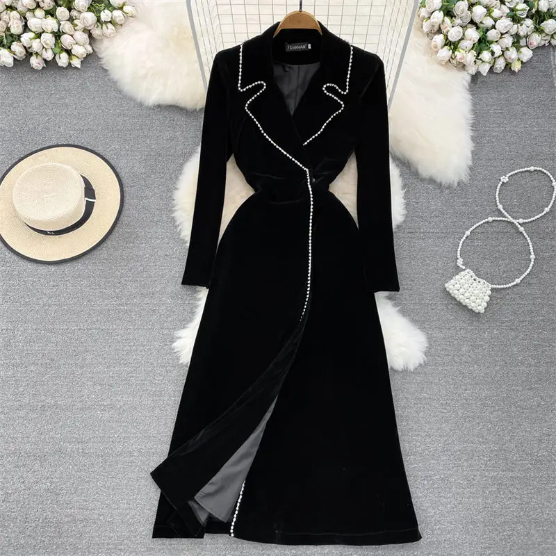 Korean Coat Long Dress Retro Women\'s Temperament Suit Collar Slim Split Gold Velvet Blazer Jacket Windbreaker Dress T1252