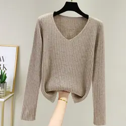 Korean Fashion Women Solid Slim V-neck Sweater Spring Autumn Versatile Bottoming Casual Long Sleeve Basic Knitted Pullovers Tops