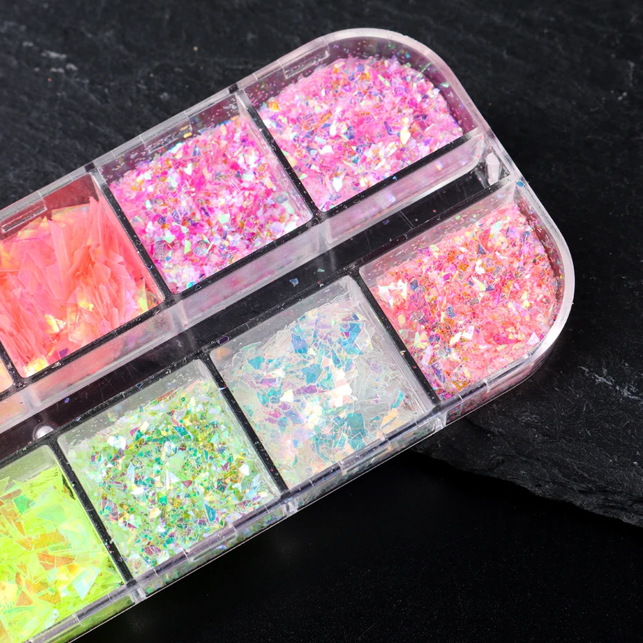 12 Grids Aurora Chameleon Nail Glitter Flakes Irregular Crystal Glass Sequins Powder Shiny Mermaid Paillette Nail Art Decoration