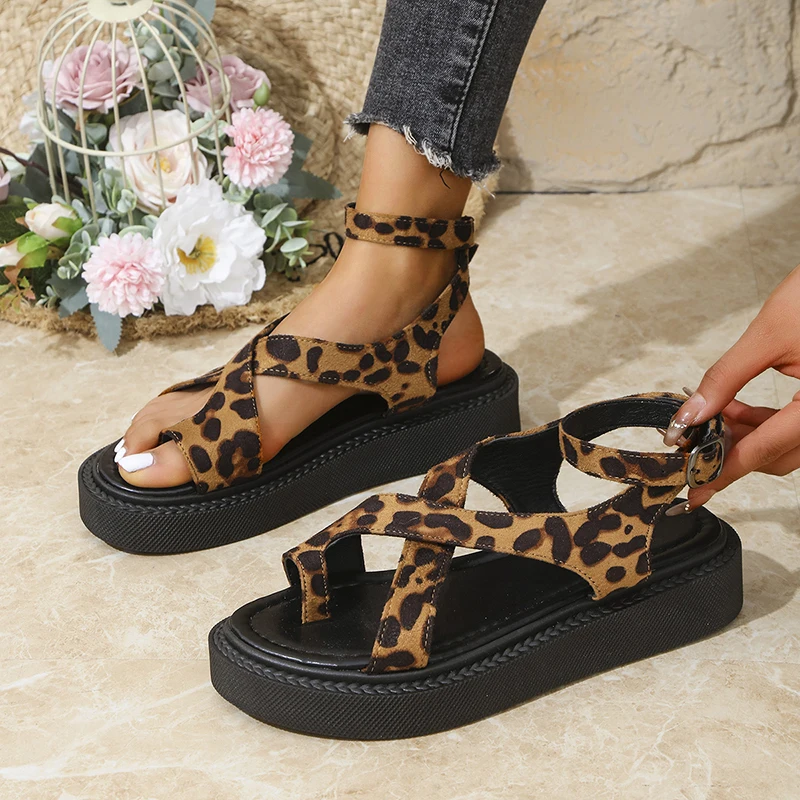 

Summer Women's Sandals New Leopard Cross Strap Sandal Women Retro Wedge Sandals Woman Fashion Thick Bottom Platform Sandal Mujer