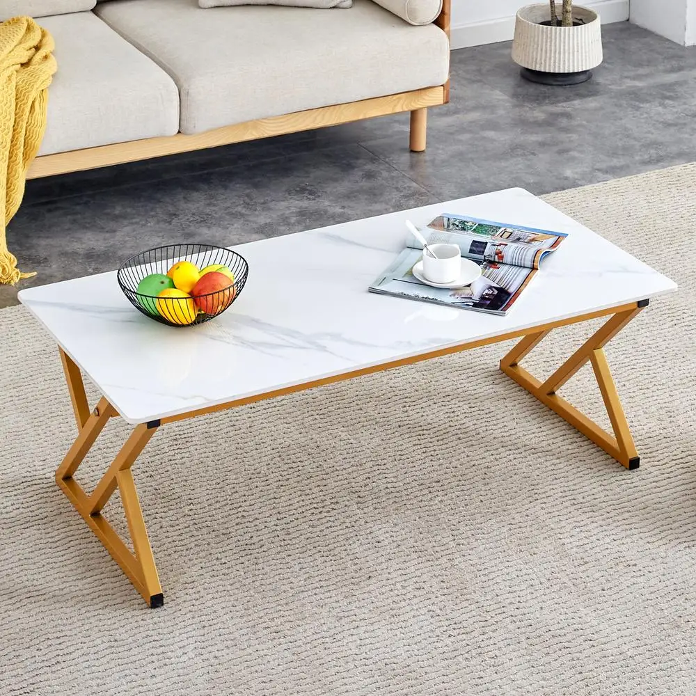 

Rock Slab Coffee Table Modern White Marble Pattern Gold Metal Legs 47 Inch Living Room Furniture Durable X-Design