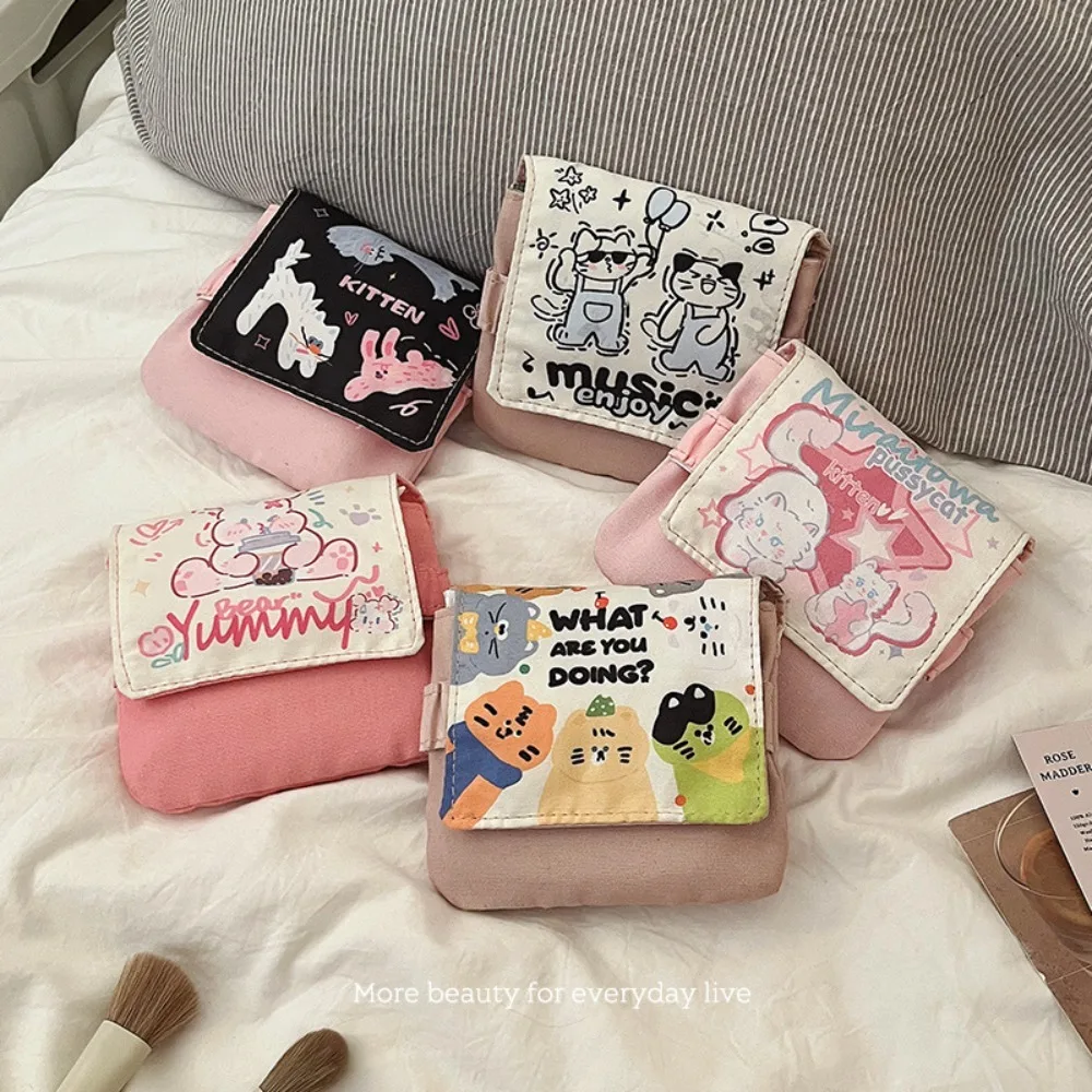 Creative Data Cables Organizer Sanitary Pads Bag Large Capacity Cartoon Kitten Cosmetic Bag Multipurpose Coin Purse
