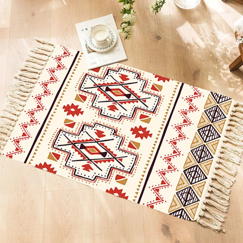 Cotton Linen Carpet for Living Room Indoor Doormat Bohemian Style Hand Knotted Tassel Hotel Home Bedroom Rug Pray Mat Home Decor
