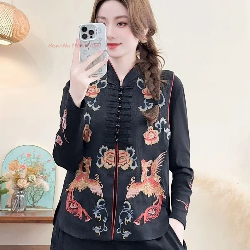 

2025 traditional chinese vintage vest national flower embroidery stand collar folk vest oriental retro tang suit hanfu tops