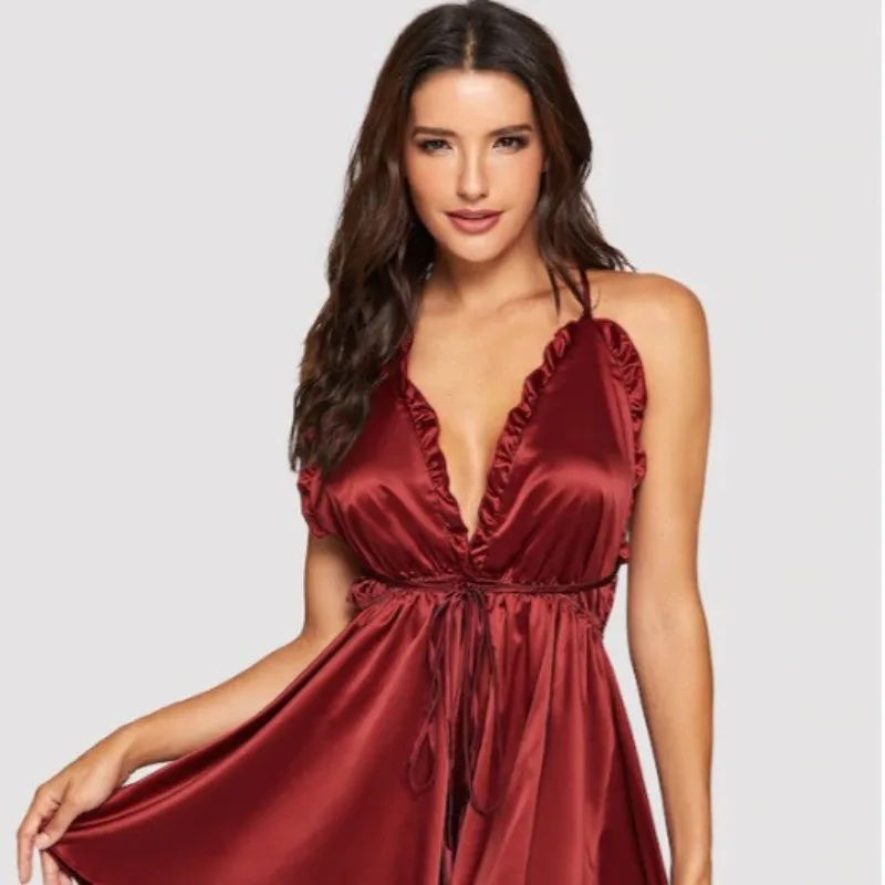 Nachthemd Loungewear Einfarbig Übergröße Damen-Pyjama Sexy Rückenfreier Pyjama Rüschen-Träger Nachthemd Damen-Loungewear für Zuhause