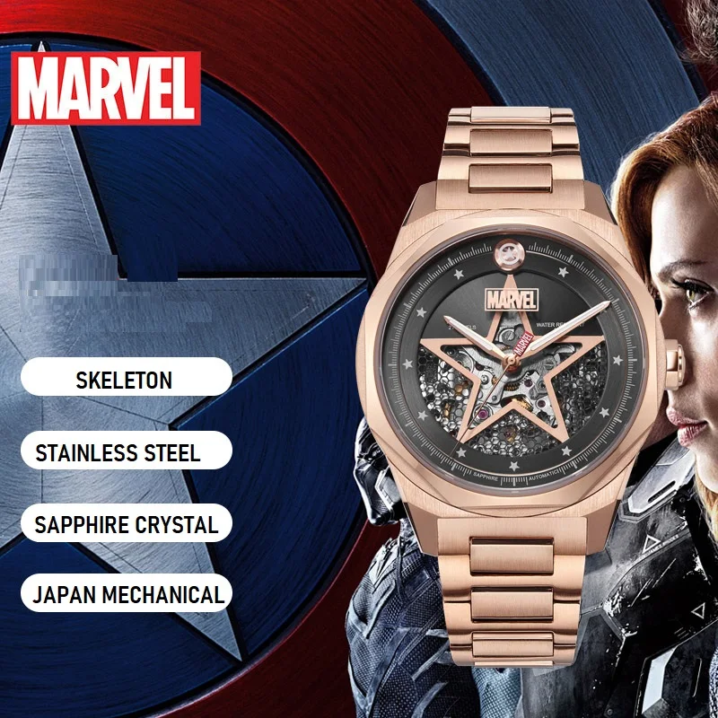 Marvel Voor Vrouwen Horloges Avengers Skelet Automatische Polshorloges Stalen Kast Saffier Kristal Mechanisch Meisje Dame Montre Femme