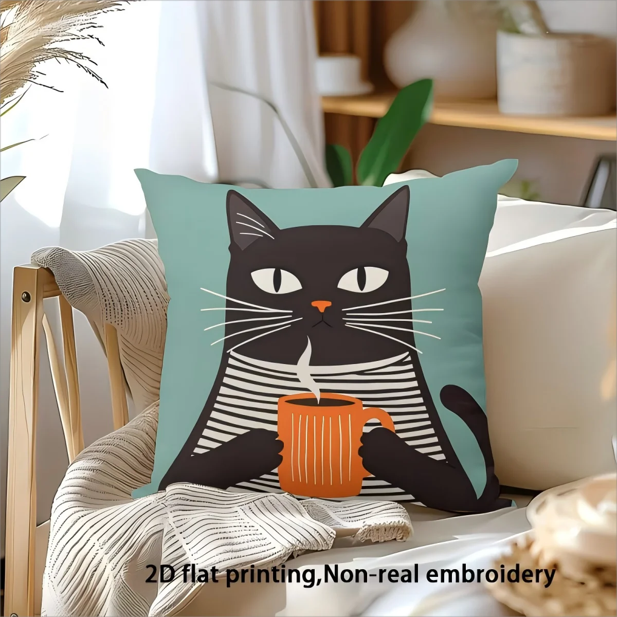 Cartoon Schwarze Katze Kissenbezug, Niedlicher Kaffeekatzen-Druck Kissen, Weiches Dekokissen für Sofa Couch Schlafzimmer, Wohnakzent
