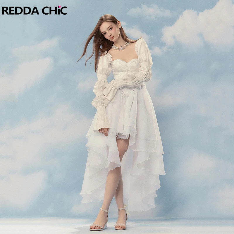 REDDACHiC Two Piece Dress Set Detachable Trailing Gown Corset Puff Sleeve Lace Up Backless Bodycon Wedding Evening Women Clothes