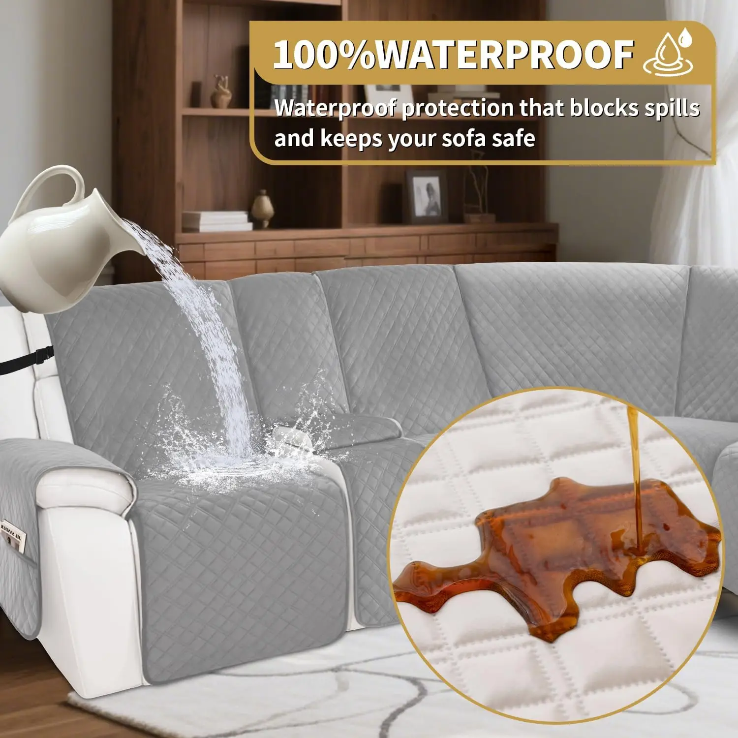 Capa de sofá secional reclinável à prova d'água antiderrapante lavável em forma de L 5 assentos 1 console cinza prateado