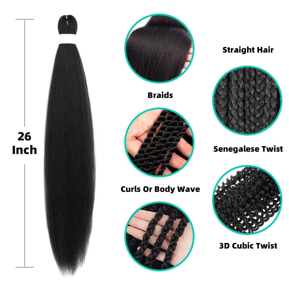 Extensiones de cabello sin nudos preestirado, trenzas sintéticas largas y rectas, textura Yaki, 26 pulgadas