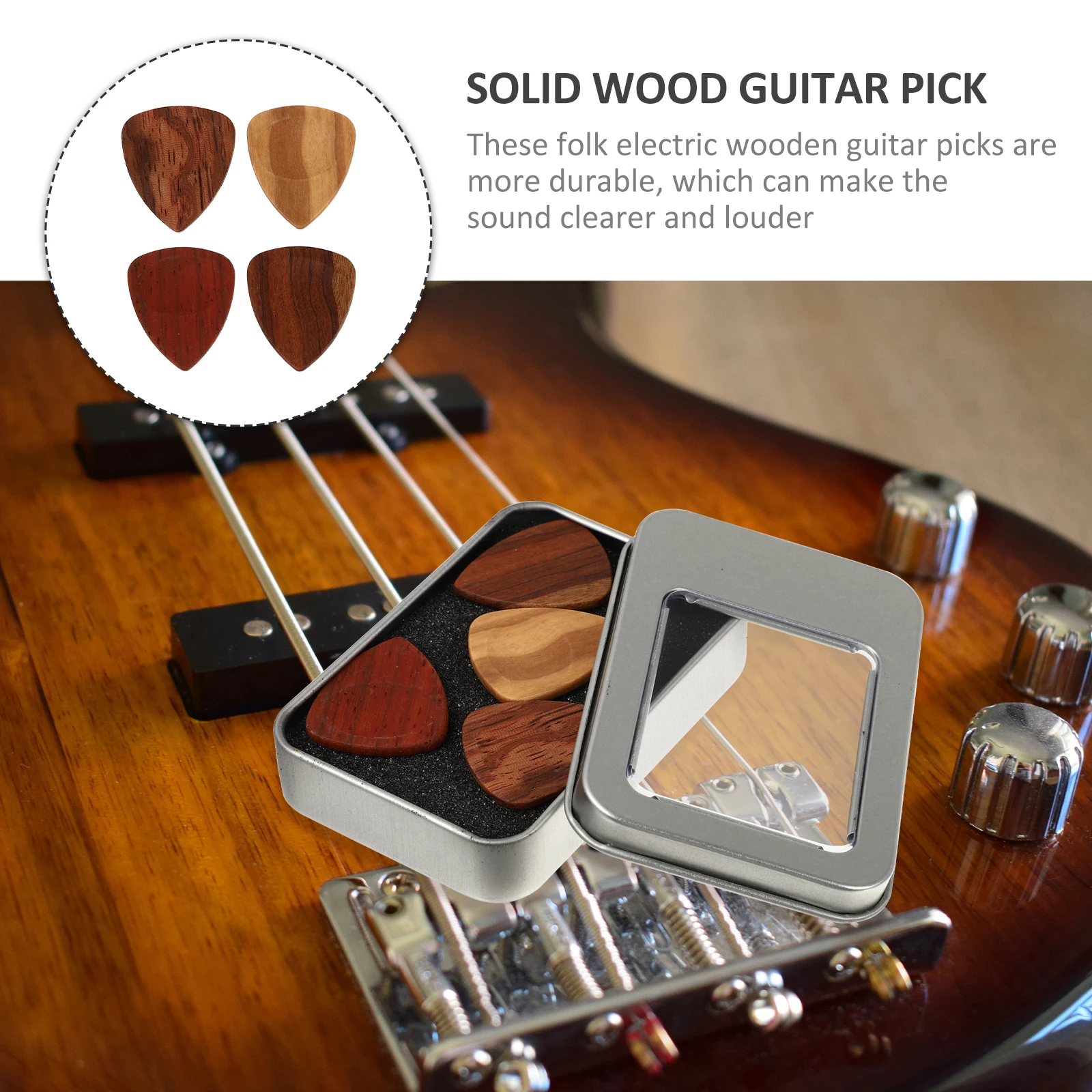 

1 Box Folk Electric Wooden Guitar Picks Durable Solid Wood Plectrums Smooth Light Clear Sound Portable Accessory