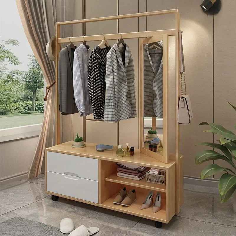 Solid coat rack Bedroom floor hanger with full-length mirror integrated multi-functional bold storage