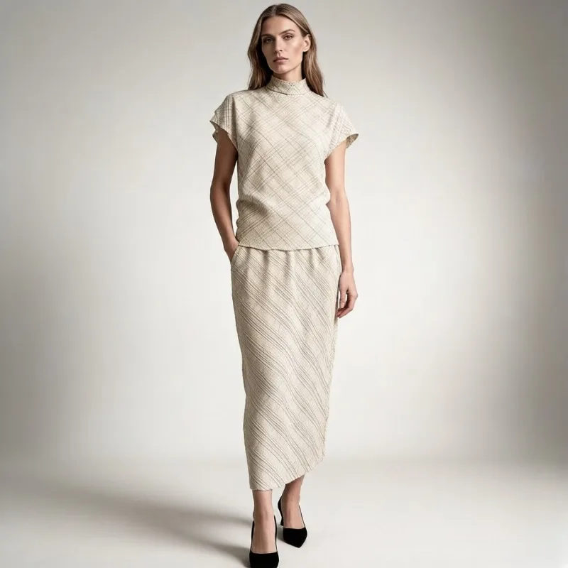 

Miyake Pleated Skirt Set Plisse 2026 Spring/Summer New Pleated Stretch Diamond Pattern Set Solid Color Short Sleeve Top + Skirt