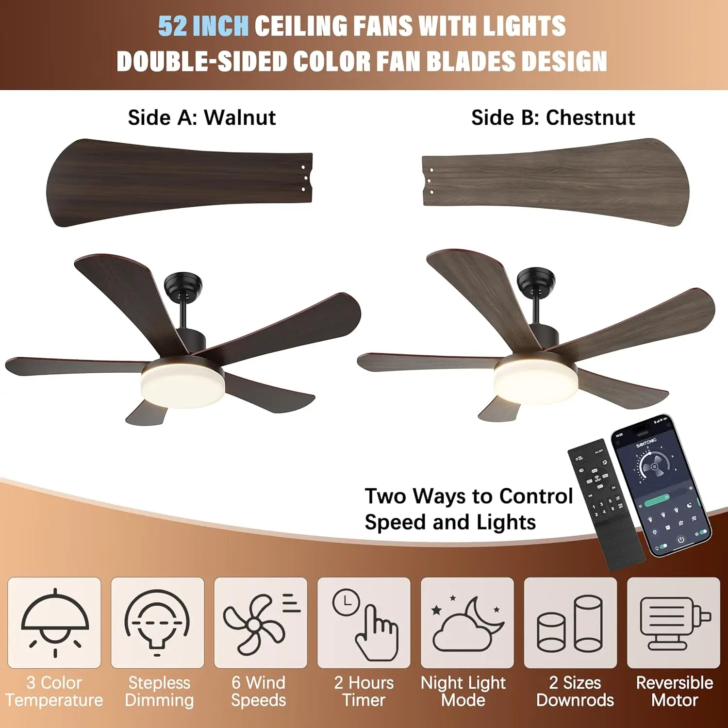 52 Inch Ceiling Fans With Lights And Remote/App Control, Bright Led Ceiling Fan With Lights, 2 Downrods, 3 Color Temperatures