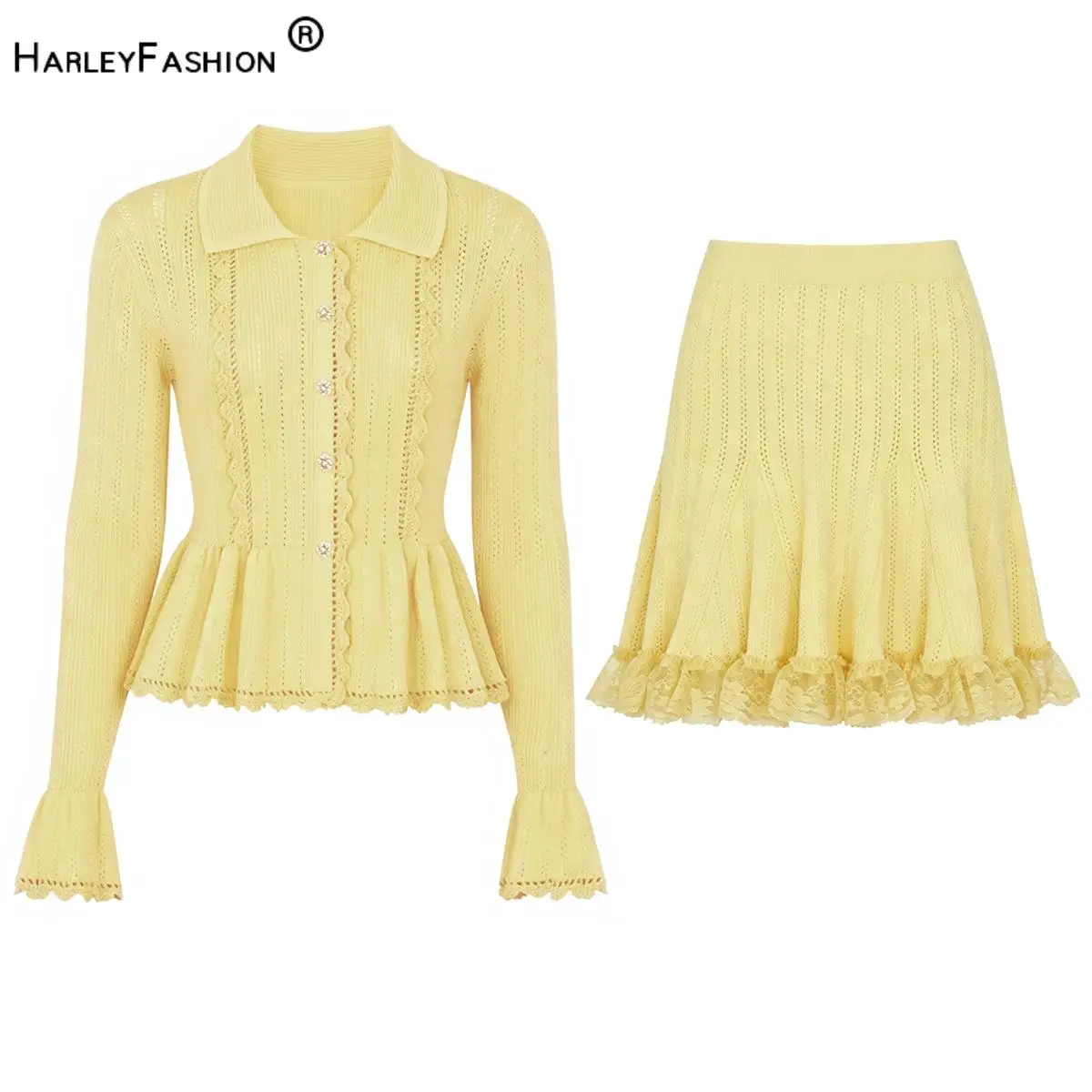 Lady Hollow Out Ruffles Lace Patchwork Suit Turn-down Collar Long Sleeve Single-breasted Cardigan Mini Skirt Women Knit 2pcs