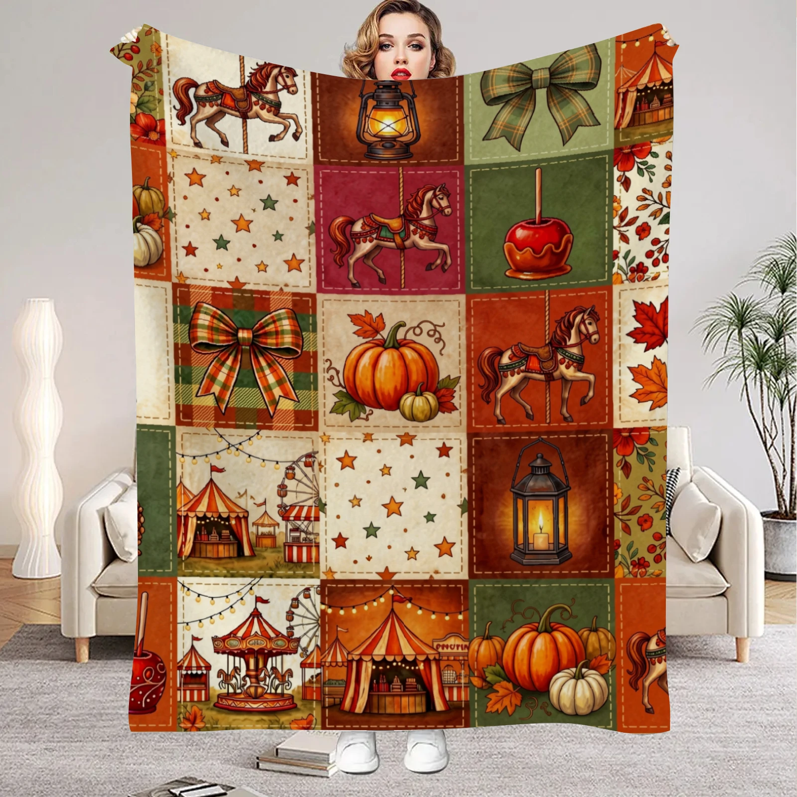 Vintage Fall Carnival Throw Blanket, Patchwork Carousel Horse Pumpkin Lantern Plaid  Print Soft Cozy Autumn Sofa Bed Decor