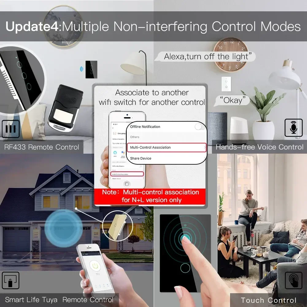 WiFi Smart Light Touch Switch No Neutral Wire Required Smart Life Tuya APP control Alexa Google Home Compatible 1/2/3 Gang EU US