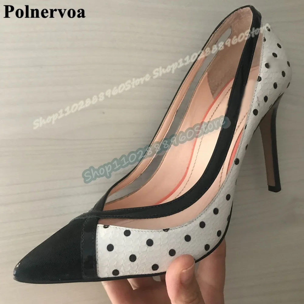 Black And White Shallow Dot Splicing Pumps Thin High Heel Shoes For Women Slip On Pointed Toe Casual Fashionable Women Pumps