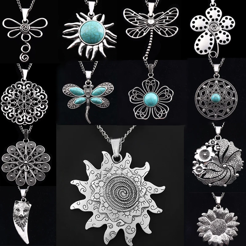 1 x Tibetan Silver Boho Statement Large Spiral Sun Flower Pendant on Long Chain Necklace Jewelry Lagenlook 34\