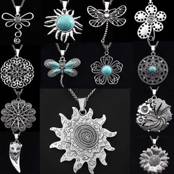 1 x Tibetan Silver Boho Statement Large Spiral Sun Flower Pendant on Long Chain Necklace Jewelry Lagenlook 34