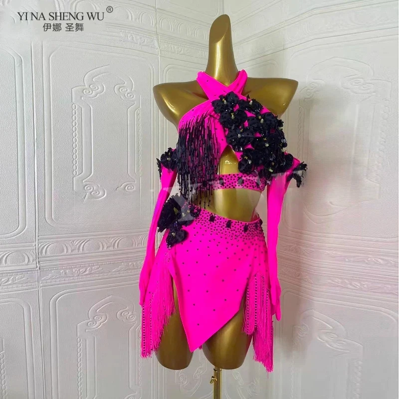 

Комплект для латиноамериканских танцев (2 предмета) для взрослых и детей: эксклюзивный топ с цветочным принтом и юбка с бахромой для ча-ча-ча, румбы, самбы (для соревнований)