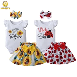 Toddler Baby Girl Summer Clothes Cute Fly Sleeve Jumpsuit Top + Printed Skirt with Bow Headband 3Pcs Outfits Set for 0-2Years