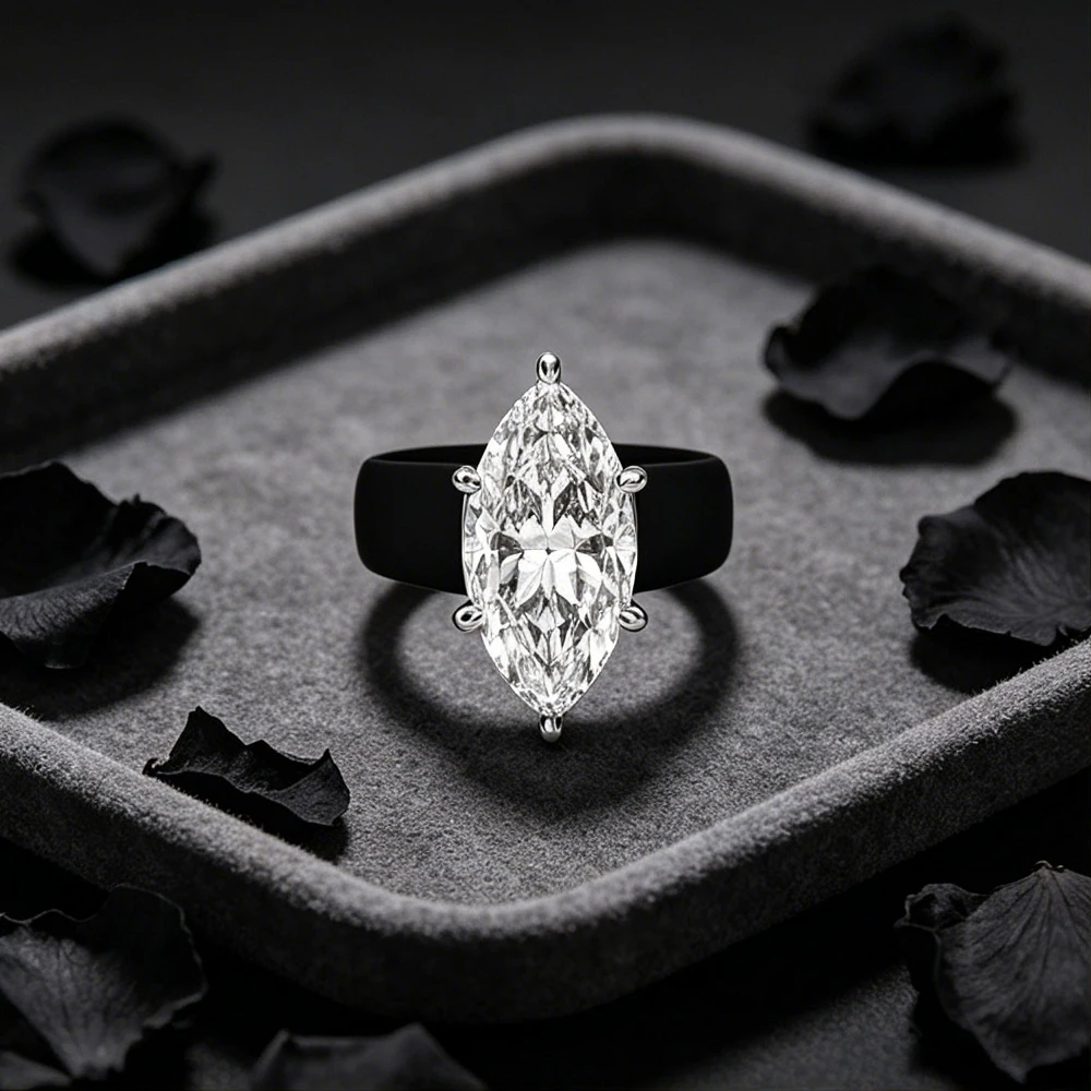 4CT Marquise Cut CZ Silicone Ring, Black Matte Wide Band with White Gold Prongs, Daily Stackable Casual Statement Jewelry for Wo