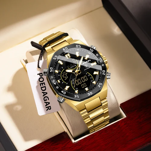 Imagen 2 del producto Reloj POEDAGAR Top para hombre, reloj de pulsera LED luminoso resistente al agua con fecha semanal, reloj de pulsera militar para hombre, relojes electrónicos de cuarzo de acero inoxidable para hombre