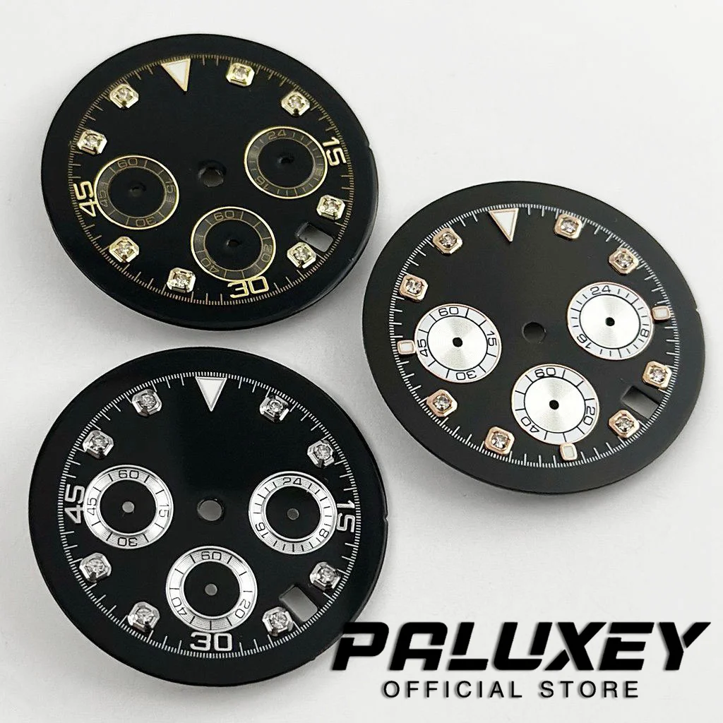 32.5mm Diamond Index Watch Dial 6 hands Green Luminous Dial for VK63 VK63A Quartz Movement Chronograph Indices Watch Accessories