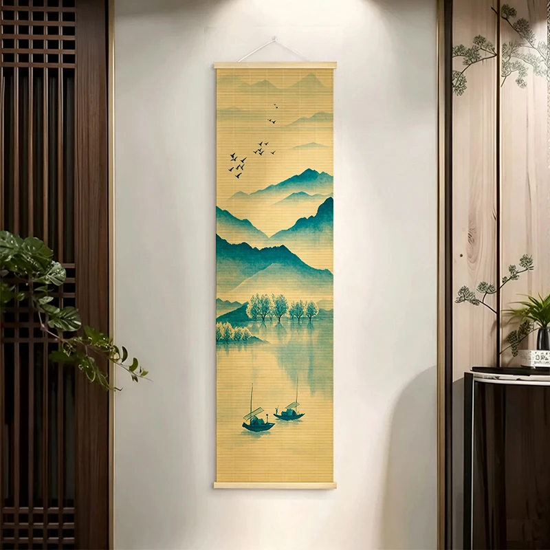 Japanese Karesansui Landscape Crane Bamboo Scroll Tapestry Wall Hanging - Zen Garden House Decoration for Living Room & Tea Room