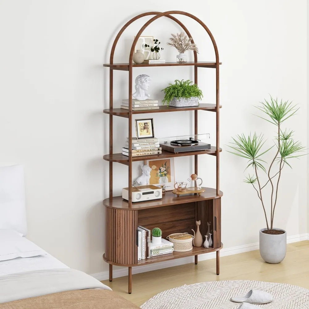 رف كتب حديث من منتصف القرن بطول 79 باب منزلق مع تصميم منحني وتخزين عرض مكون من 4 طبقات