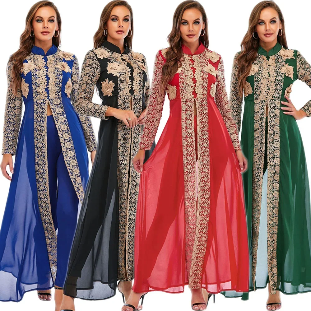 Women Lace Chiffon Dress Pants 2PCS Suits Long Sleeve Dress Party Wedding Muslim Arabic Islamic Clothing Ethnic Fashion Turkey