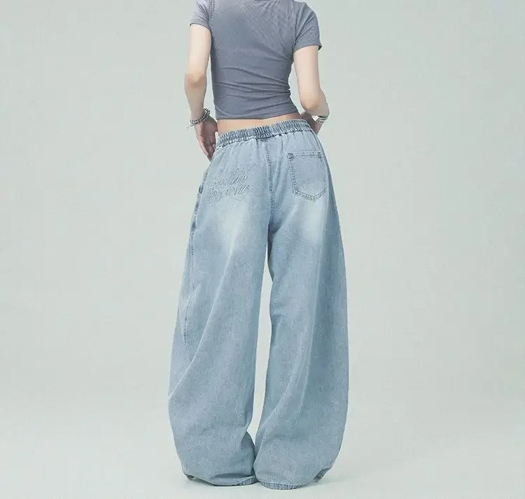 Blue Distressed Vintage Lace Patchwork Ripped Jeans Women Streetwear Y2k American Retro High Waist Wide Leg Denim Pants