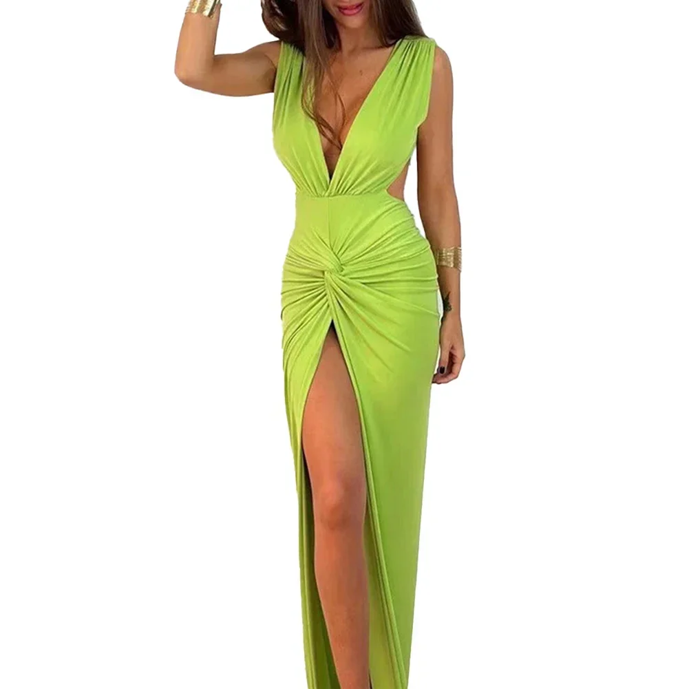 Women’s Elegant Backless Maxi Dress Comfortable and Flattering Cut with Stunning Pleated Wrap Detailing and High Leg Slit